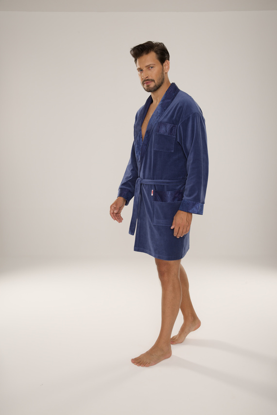 866 Noble Men's De Lafense Velour Bademantel - kurz, elegant, Baumwolle - Denim