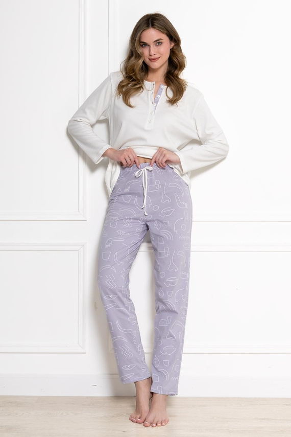 Damen-Pyjama Leveza 1783 Mira in Creme-Lila, 100% Baumwolle