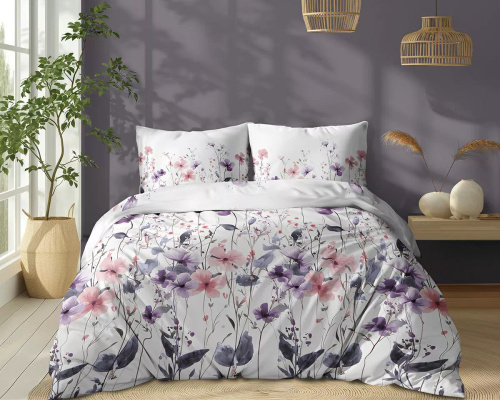 5773 B Cotton Bloom Detexpol weiße Baumwollbettwäsche mit rosa und lila Wildblumen – 100 % Baumwolle, doppelseitig, polnische Produktion