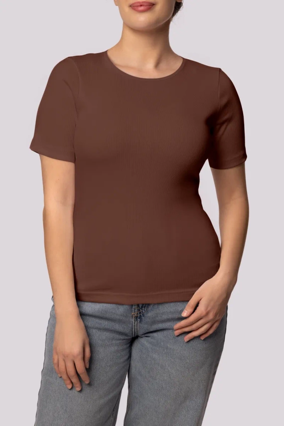 Geripptes Mona-Damen-T-Shirt mit Streifen, Schokolade