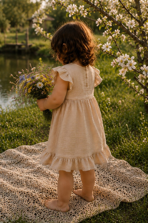 Mamatti SA50415 beige Musselin Kinderkleid leicht und luftig