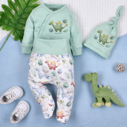 ABN-5563 Dino Explorer Nini Umschlag-Body Mint | Bio-Baumwolle für Neugeborene