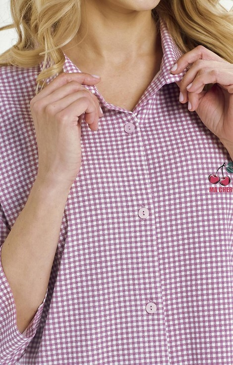 3436 Joliee Damenhemd Taro Pink – Baumwolle, kariert, 3/4 Ärmel, Knöpfe