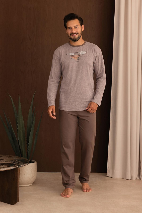 Herren-Pyjama Regina 6007 100% Baumwolle Lang mit Grafik - braun