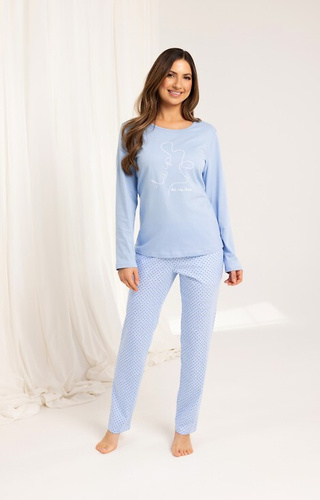 704 Regina Pyjama blau – Damen-Baumwollpyjama mit langen Ärmeln und geometrischem Muster