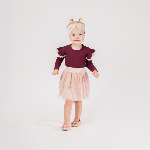 217138 Alisa Nicol Baumwollbluse – Langarm, Burgunderrot, Rüschen mit Spitze