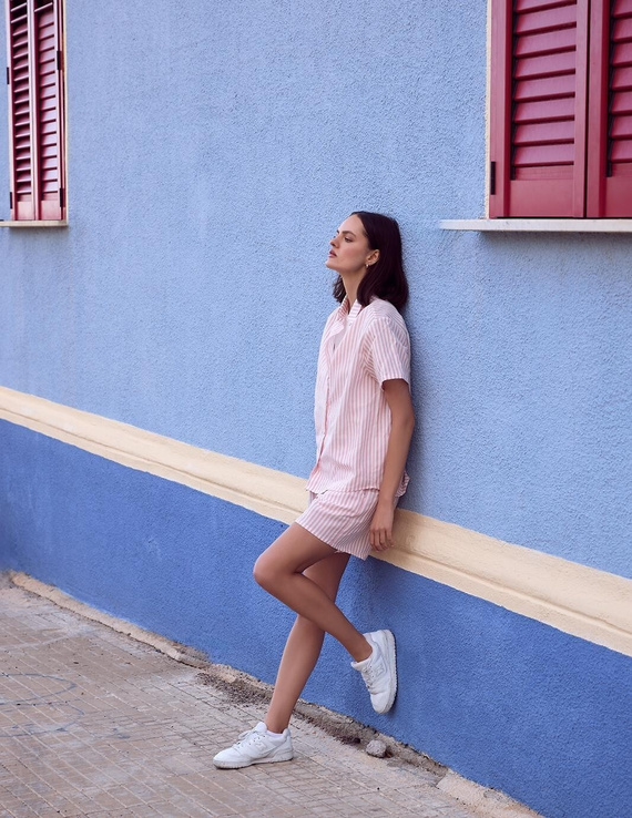 Pyjama Selene Sensis weiß-rosa Leinen Baumwolle Streifen