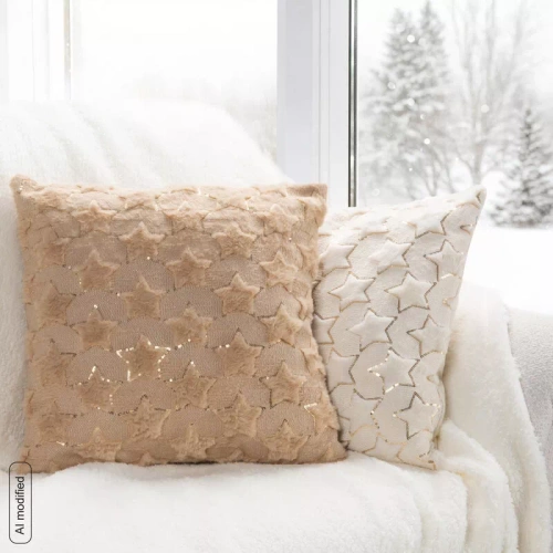 CHP308 Eurofirany Weihnachtskissenbezug 45x45 mit 3D-Pailletten Sternen beige