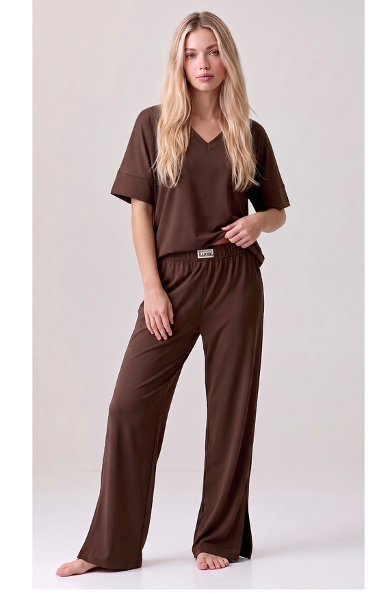 Luna 1314 Damen Oversize-Pyjama braun 100% Baumwolle, weite Hose
