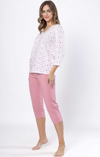 Piżama damska Dobrusia 1636 – różowy bawełna, rękaw 3/4, zapinana na guziki