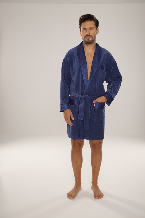 866 Noble Men's De Lafense Velour Bademantel - kurz, elegant, Baumwolle - Denim