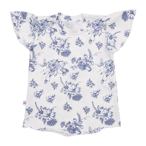 Weißes Mädchen-T-Shirt von Botanic Eevi mit blauen Blumen – Schmetterlingsärmel, Baumwolle