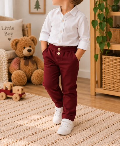 Mamatti SM020 bordeauxrote Kinder-Baumwollhose mit Taschen und Holzknöpfen