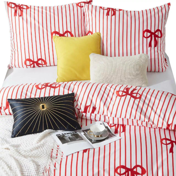 Xmass Bow Weihnachts-Mikrosatin-Bettwäsche, weiße, rote Schleifen I25 aus Nadel und Faden – weich, glatt und langlebig