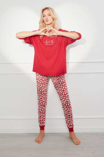 Evora Damen Schlafanzug langarm, lange Hose Italian Fashion - rot/print