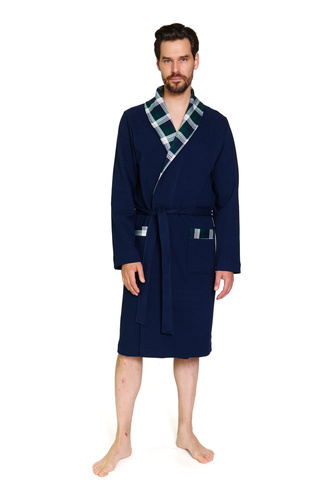 7366 Doktor Nickerchen | Marineblauer Premium-Bademantel für Herren mit kariertem Finish – 100 % Baumwolle – Marineblau