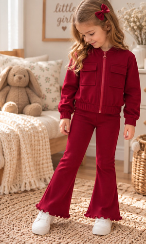 Mamatti DR820 Mädchen-Sweatset in Bordeaux, Bomberjacke mit Reißverschluss und Leggings mit Glockenform und Rippstruktur