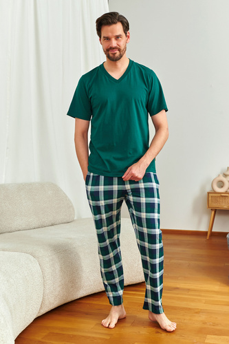 Doctor Nap 7368 – Herren-Baumwollpyjama mit V-Ausschnitt-T-Shirt | 100 % Baumwolle, polnische Produktion – Smaragd