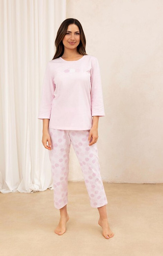 Rosa Baumwollpyjama 702 Regina – Damen, 3/4-Ärmel, 7/8-gemusterte Hose