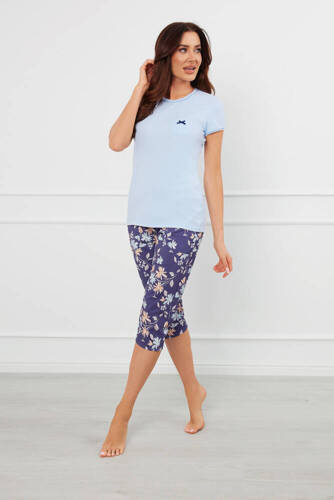 Pulia Damen Schlafanzug mit kurzen Ärmeln, 3/4 Hose Italian Fashion - blau/print