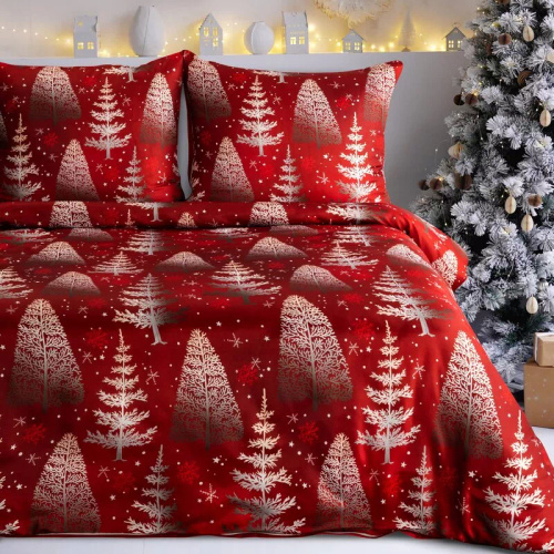 Rubin-Mikrofaser-Weihnachtsbettwäsche Eurocurtains rote und weiße Weihnachtsbäume – weich, leicht und pflegeleicht, mit Reißverschluss