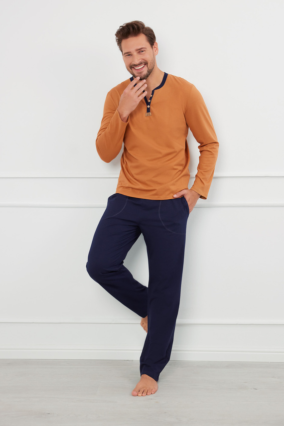 Julius Herren Schlafanzug langarm, lange Hose Italienische Mode - cognac/grün 