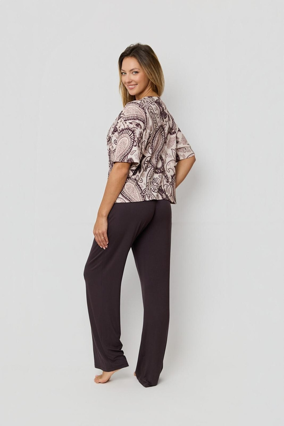 Damen-Pyjama Iris PW72 Mefemi by Nipplex – braunes Set mit Baumwollshirt & langen gemusterten Viskosehosen mit Taschen, Premium Nachtwäsche