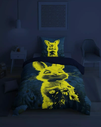 5548 A Fluo 95 Im Dunkeln leuchtende Bettwäsche, Hase in Blumen, 100 % Baumwolle | Für Kinder Detexpol