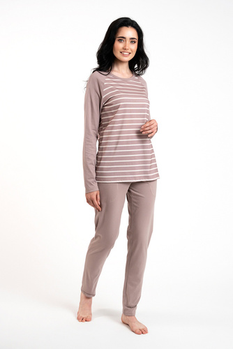 Oda Damen Schlafanzug mit langen Ärmeln, lange Hose Italian Fashion - Cappuccino/Cappuccino Druck 