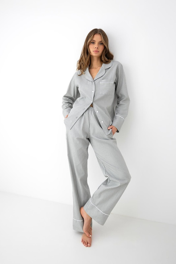 Sensis Imani graue Damen-Baumwoll-Pyjama mit Knöpfen und feinen Streifen
