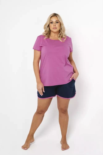 Ontega Damen Kurzarm-Pyjamas, Shorts Italian Fashion- amaranth/ dunkelblau