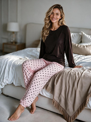 Luna 1310 Damen Schlafanzug Lang 100% Baumwolle Hose mit Punkten Braun