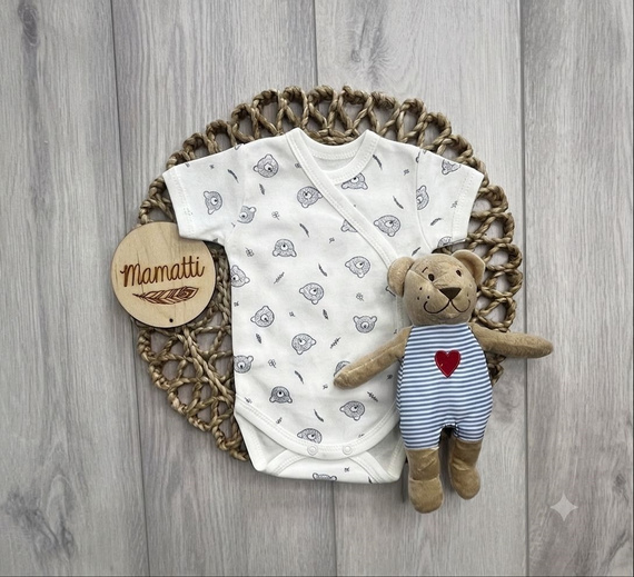 Body Wickelbody Baby Manatti aus Baumwolle mit Bärenmotiv, weiß, kurzarm