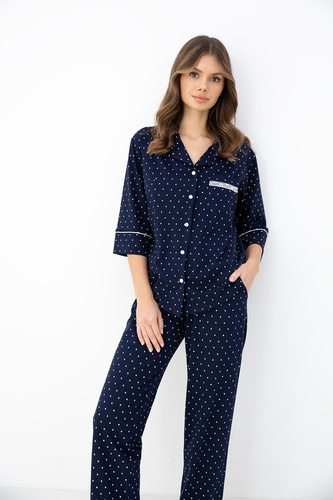 Damen-Pyjama Sensis Dunkelblau 100% Baumwolle Kragen Knöpfe 3/4-Arm