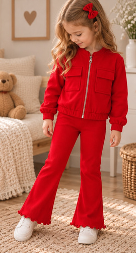 Mamatti DR814 Mädchen Jogginganzug Bomberjacke mit Reißverschluss und Leggings Schlag mit Rippstruktur