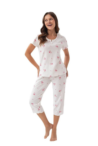 386 Luna Damenpyjama – Ecru-Rosa