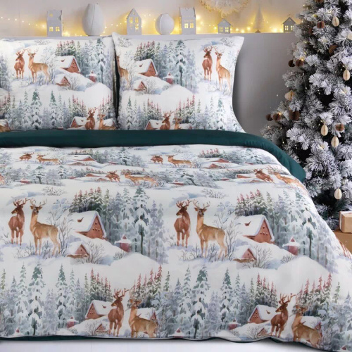 Fairyland Mikrofaser-Weihnachtsbettwäsche Eurocurtains grüne Winterlandschaft – weich, leicht und pflegeleicht, mit Reißverschluss