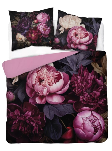 5129 A Holland Detexpol-Baumwollbettwäsche, schwarz mit Pfingstrosen in Burgunder- und Rosatönen – 100 % Baumwolle, doppelseitig, polnische Produktion