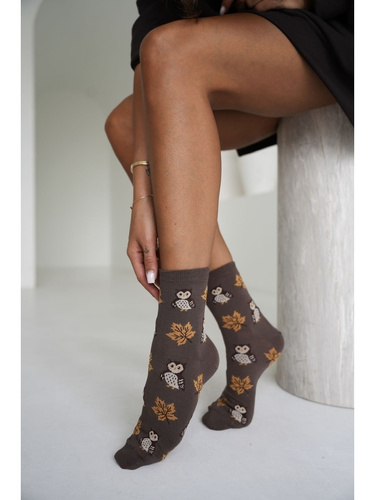 Milena 0200-267 Damen-Baumwollsocken mit Eulen- und Blattmuster in Cappuccino