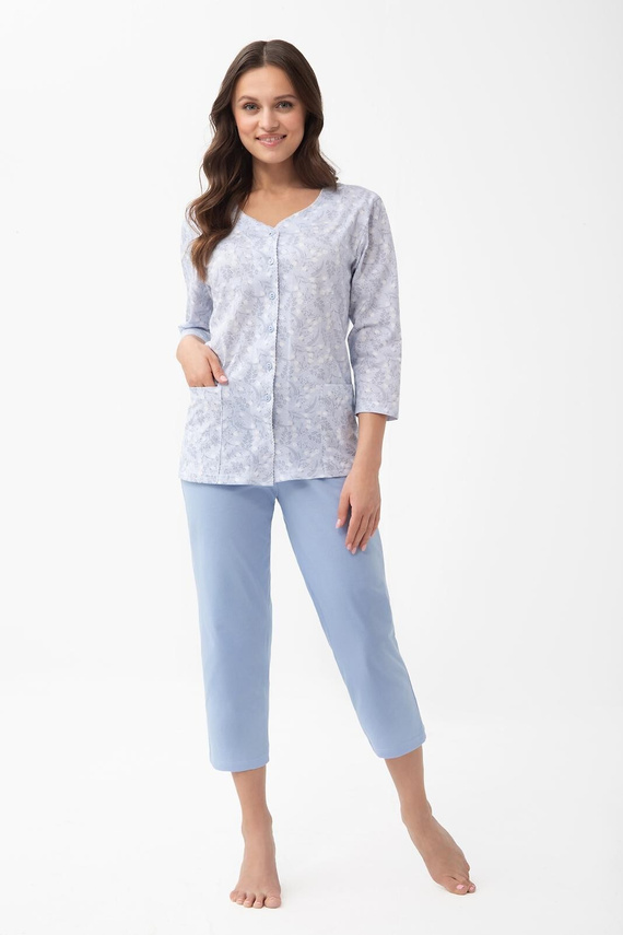 Damen-Pyjama 1305 Luna aus Baumwolle, zum Knöpfen, 7/8-Länge mit Taschen – blau