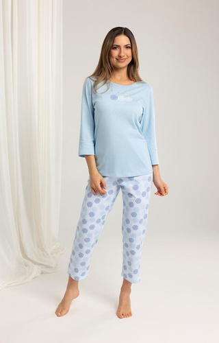 702 Regina-Pyjama aus blauer Baumwolle – Damen, 3/4-Ärmel, 7/8-Hose mit Muster