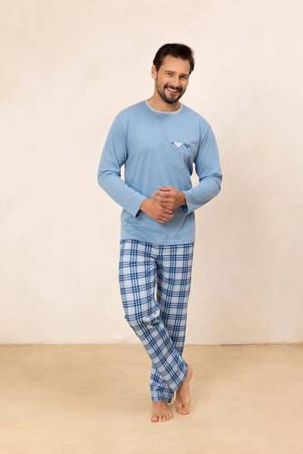 Regina 488 – blauer Herren-Pyjama aus Baumwolle mit langen Ärmeln, klassischer Schnitt