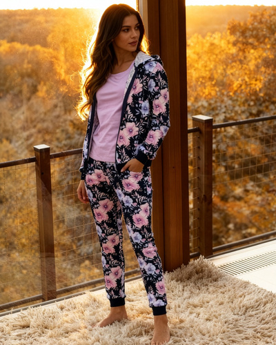 355/464 Maddie Cornette Damen-Pyjama – Marineblauer 3-teiliger Pyjama mit geblümtem Sweatshirt und Kapuze
