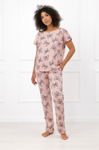 Italian Fashion Silano Damen-Pyjama 100% Baumwolle lange Hose mit Schleifen