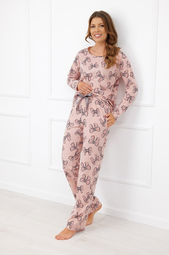 Italian Fashion Silano Damen-Baumwollpyjama lang mit Schleifen und Taschen