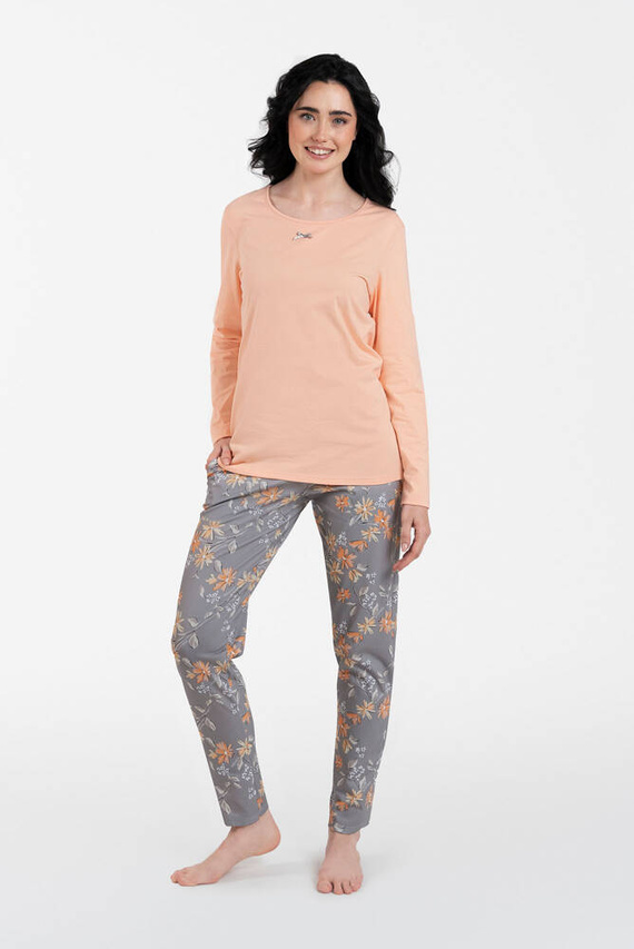 Kasali Damen Schlafanzug mit langen Ärmeln und Hose Italian Fashion - lachs/print