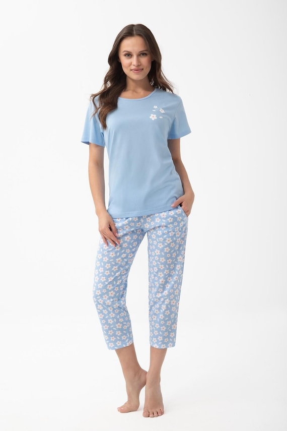 1301 Luna Damen Baumwollpyjama 3/4 Blumen weich bequem 100% Baumwolle