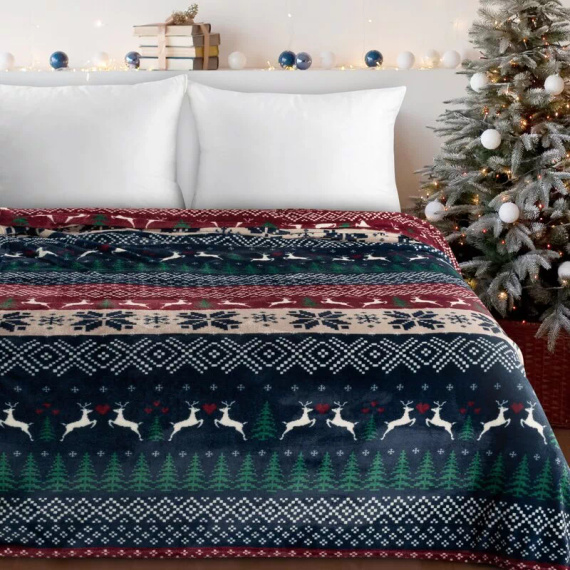 Eurofirany Weihnachtsdecke, Marineblau und Rot mit skandinavischem Muster – weicher Überwurf aus Mikrofaser, 240 g/m²