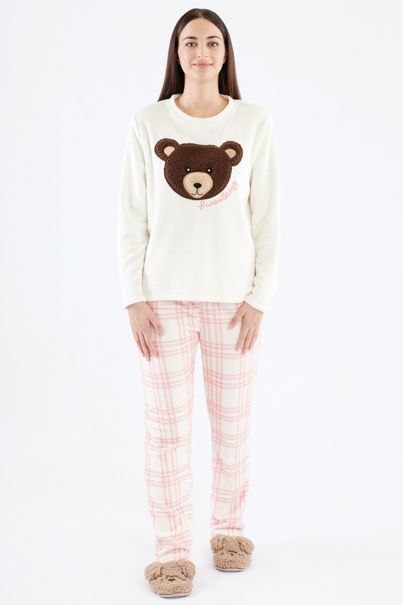 Madlen Piżama damska Sorbetto ecru – polarowa, z haftem misia i spodniami w kratkę