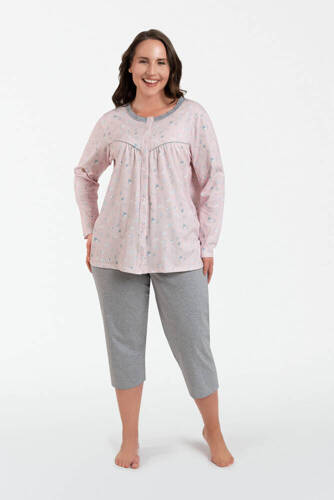 Daniela Damen Schlafanzug langarm, 3/4 Hose Italian Fashion - Druck/Melange